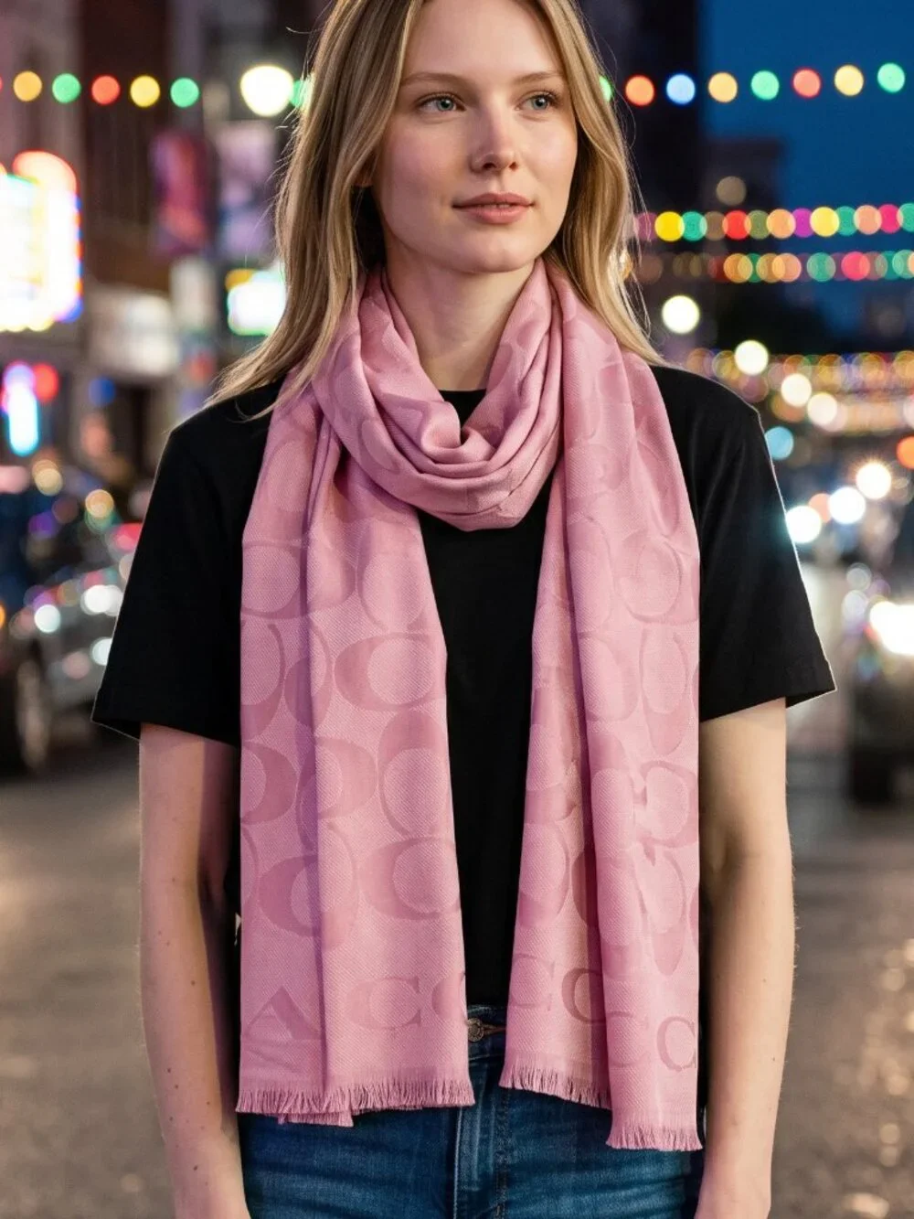 🌸 Coach Signature Spring C Pink Scarf 70% Wool 30% Silk Brand New With Tags